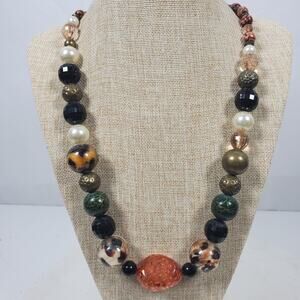 Vintage BOHO Statement Necklace 25 Inch Black Orange Brown Animal Print